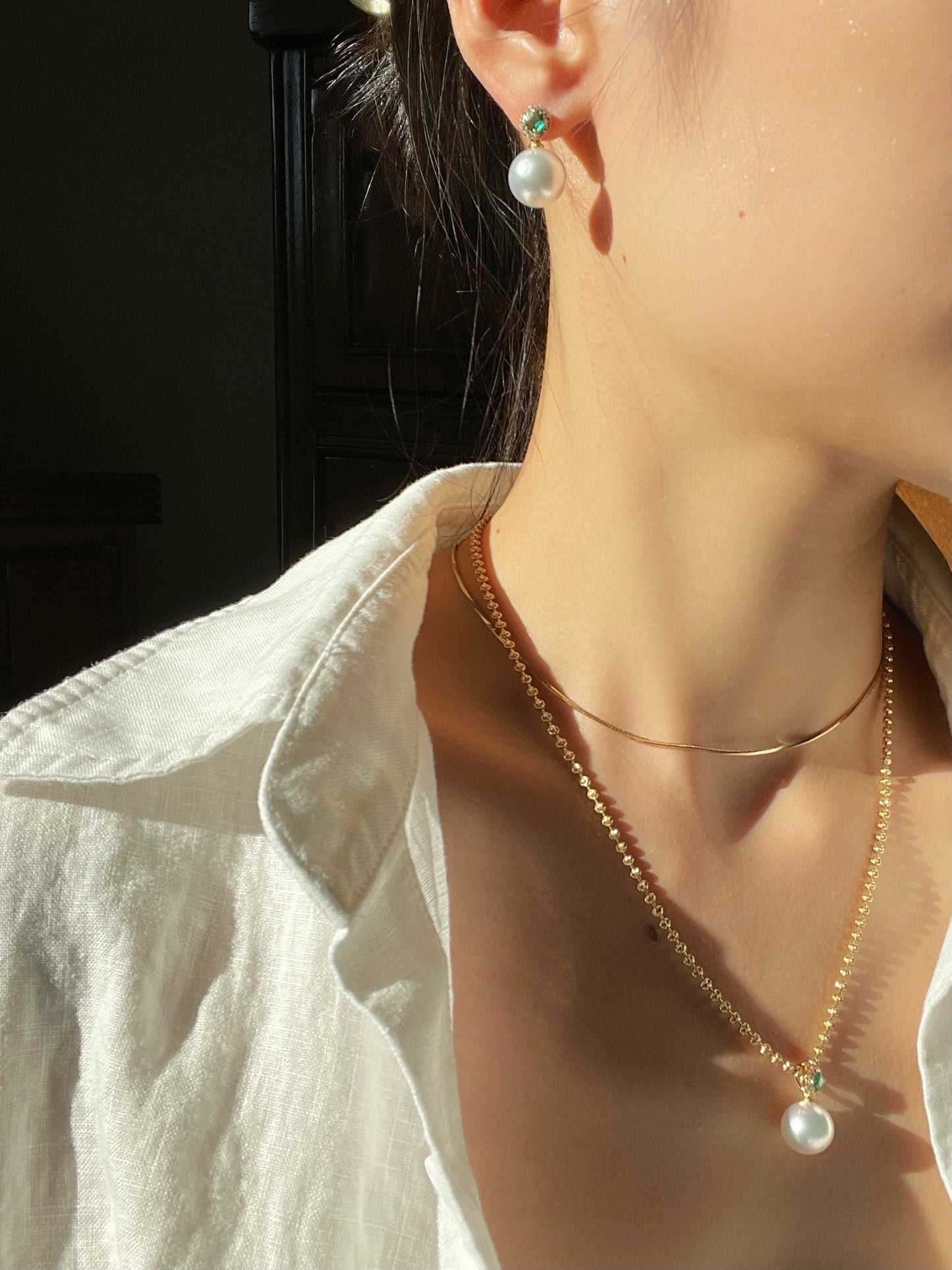 Pearl & Emerald Halo Drop Pendant