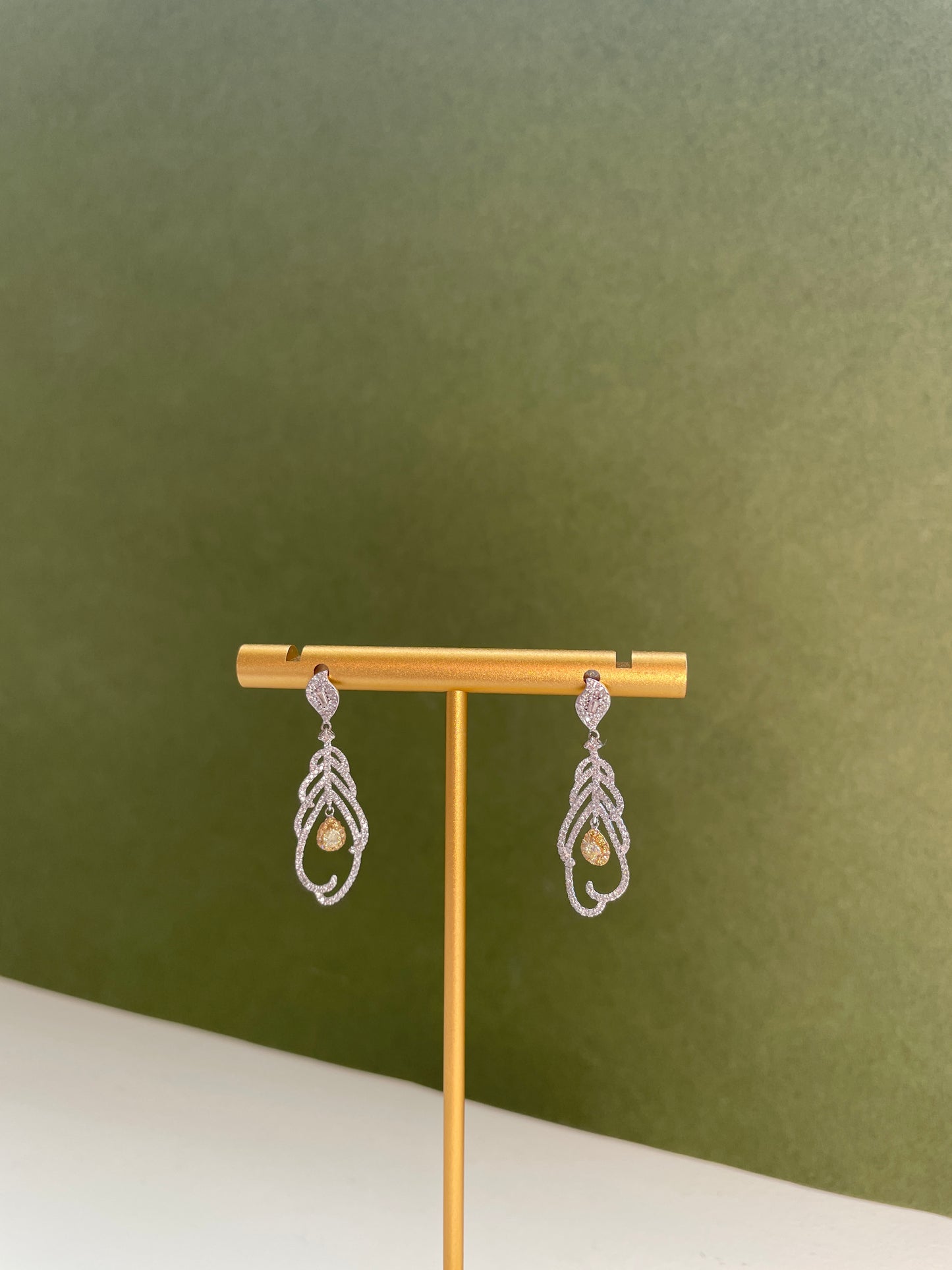 Yellow Diamond Feather Dangling Earrings