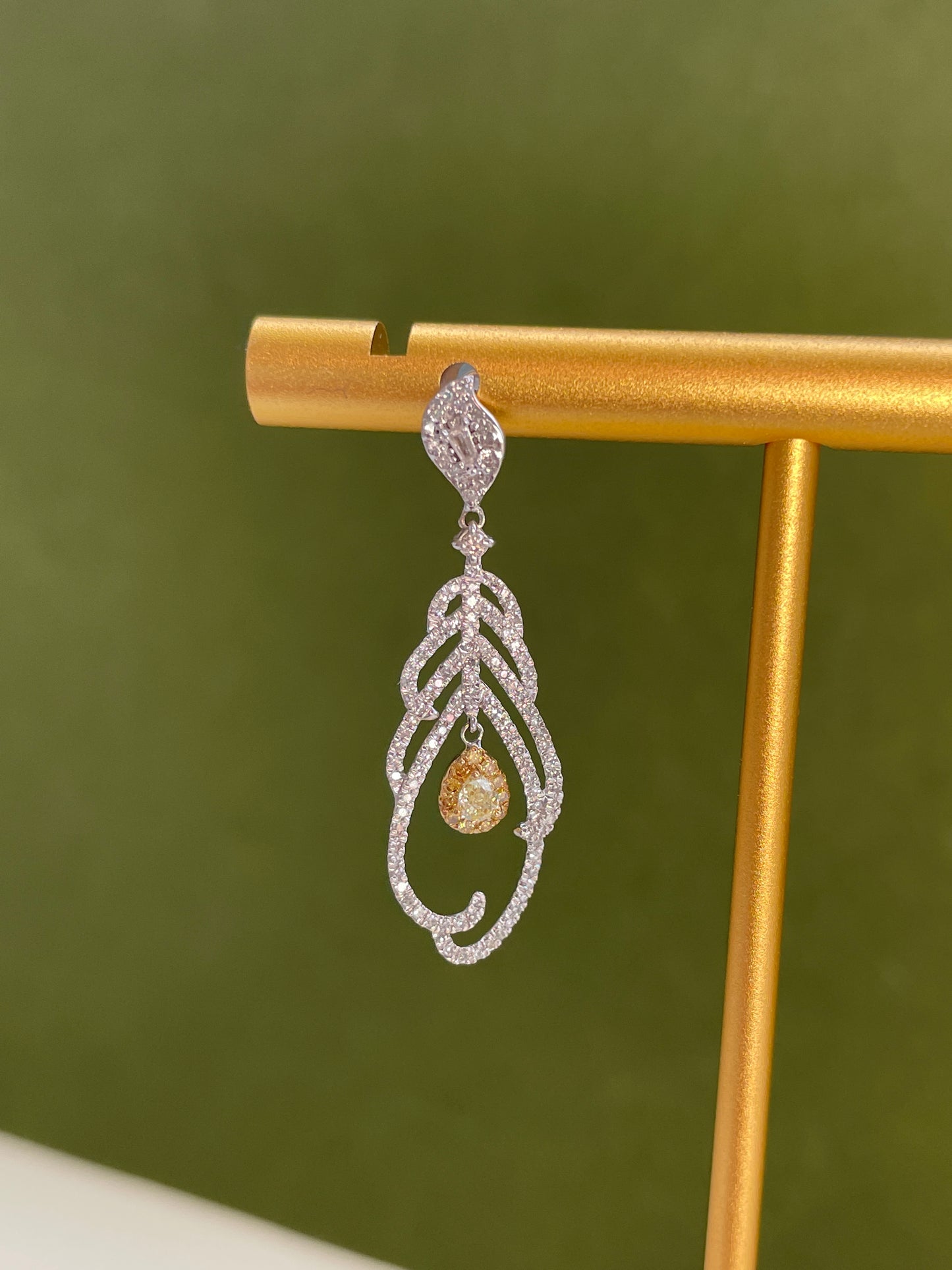 Yellow Diamond Feather Dangling Earrings