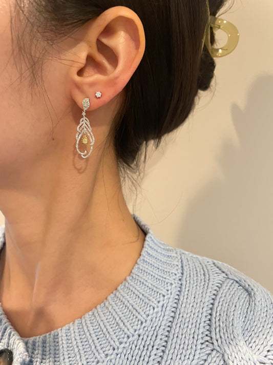 Yellow Diamond Feather Dangling Earrings