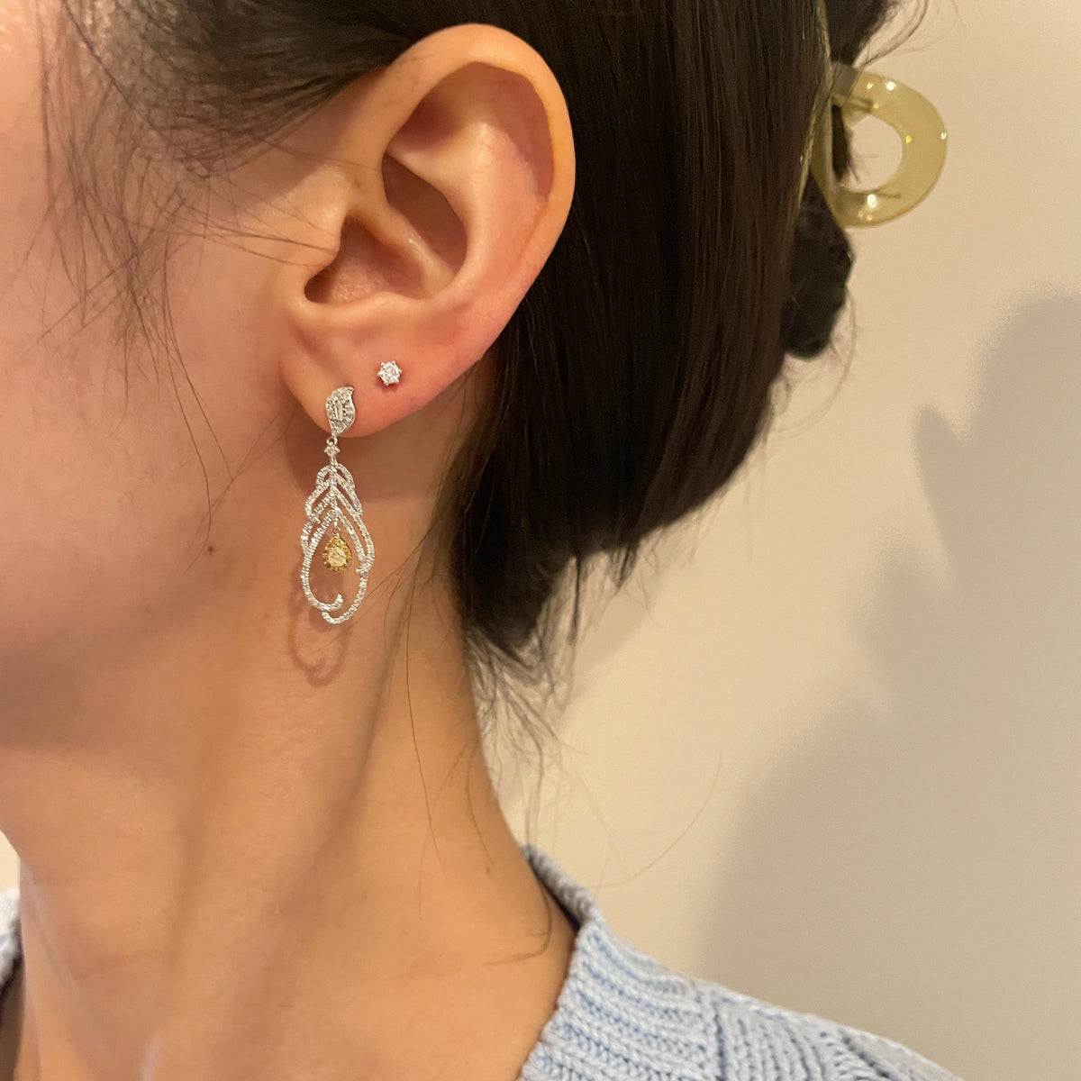 Yellow Diamond Feather Dangling Earrings Fantasilvia Jewelry
