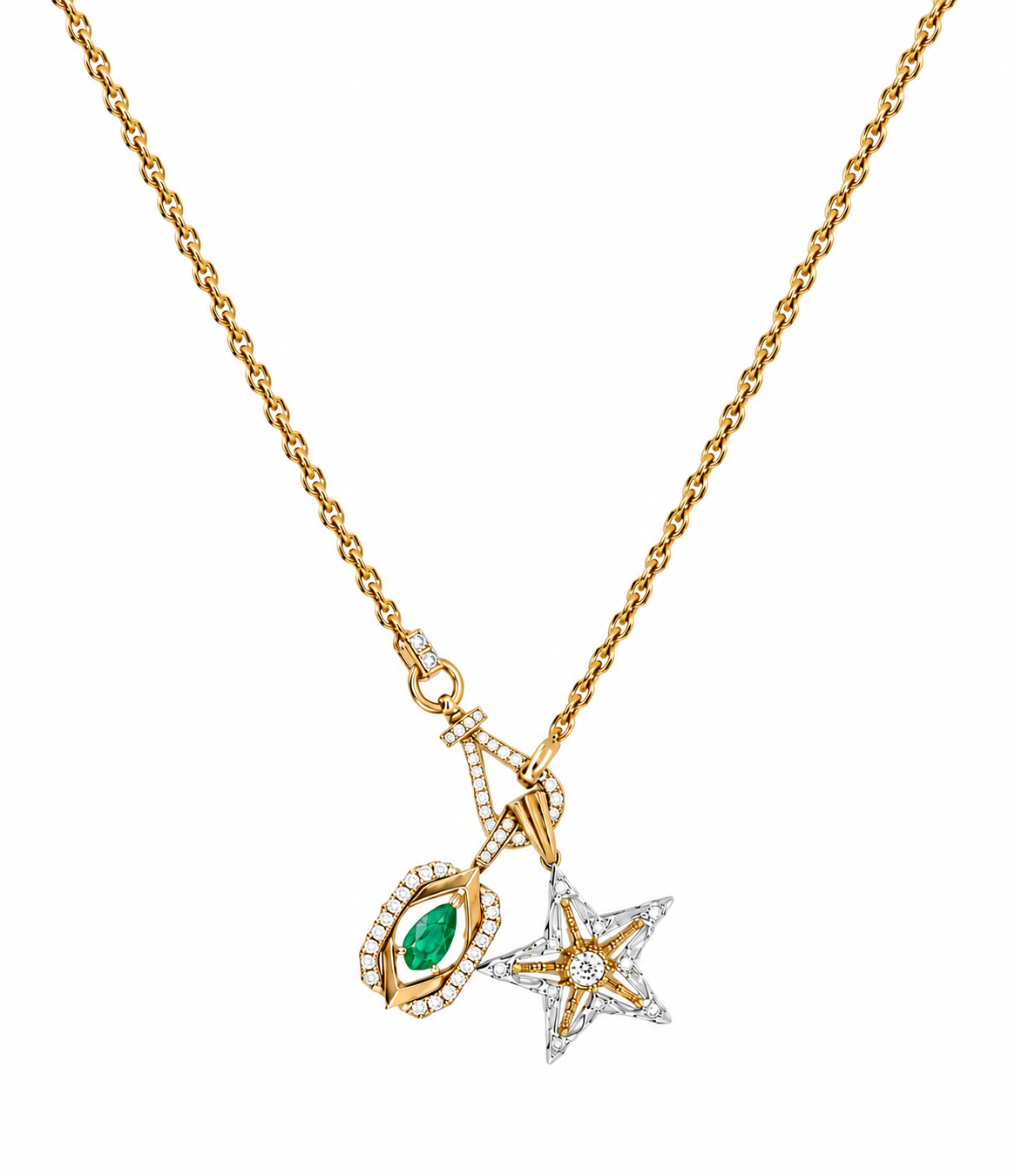 18K yellow gold versatile link chain necklace featuring a diamond pavé horseshoe clasp, styled with two attached charms: a geometric pear-cut emerald diamond halo pendant and a diamond star pendant, isolated on a white background.