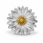 A detailed statement brooch shaped like a large blooming daisy flower, featuring intricate texturing on multi-layered silver petals and a vibrant, gold-colored center stamen, shot against a white background.