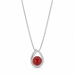 Front view of an 18K white gold pendant necklace featuring a round AKA Red Coral cabochon framed by an overlapping teardrop diamond halo.