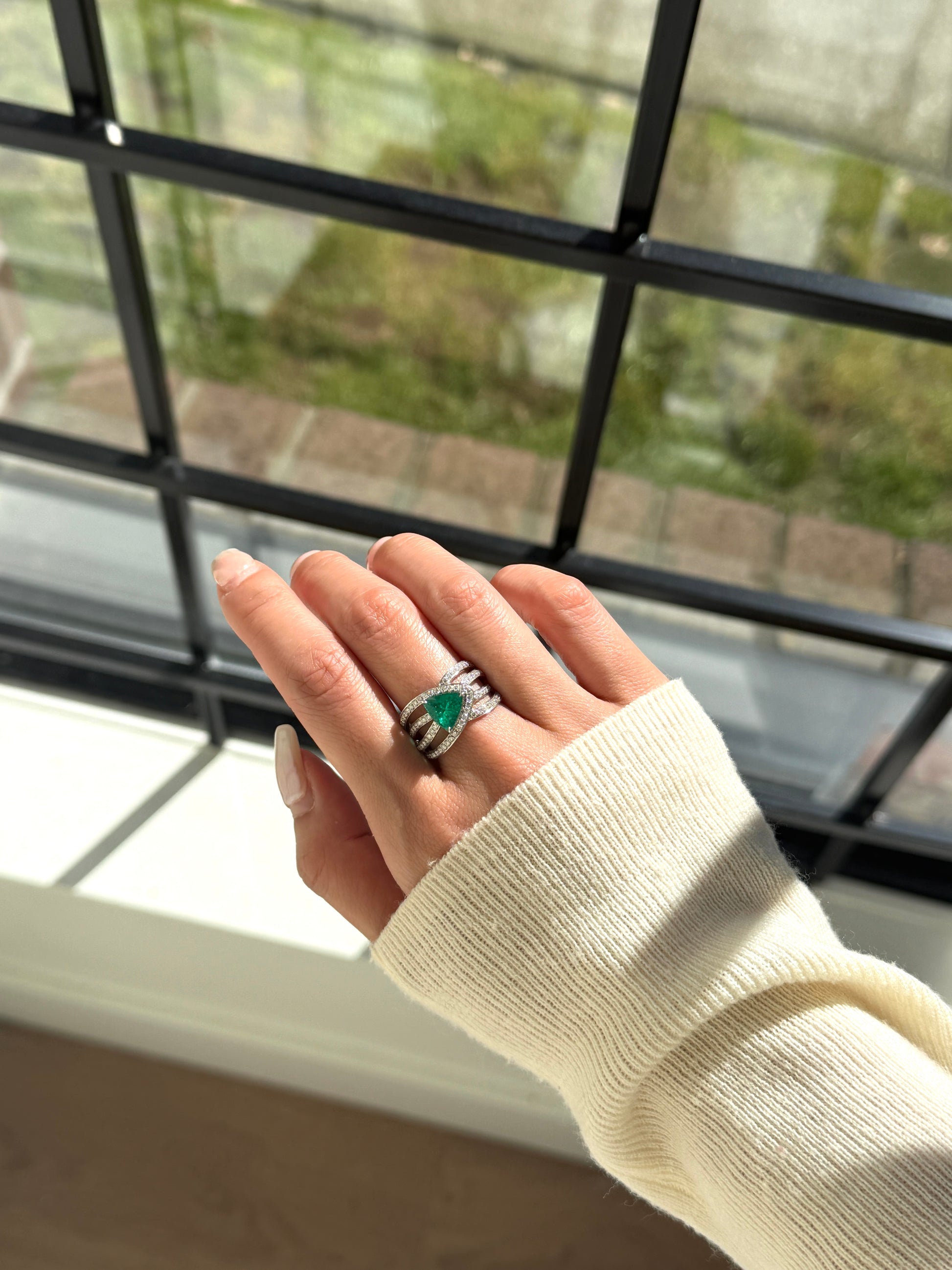 Trillion Cut Emerald Four Band Ring Fantasilvia Jewelry