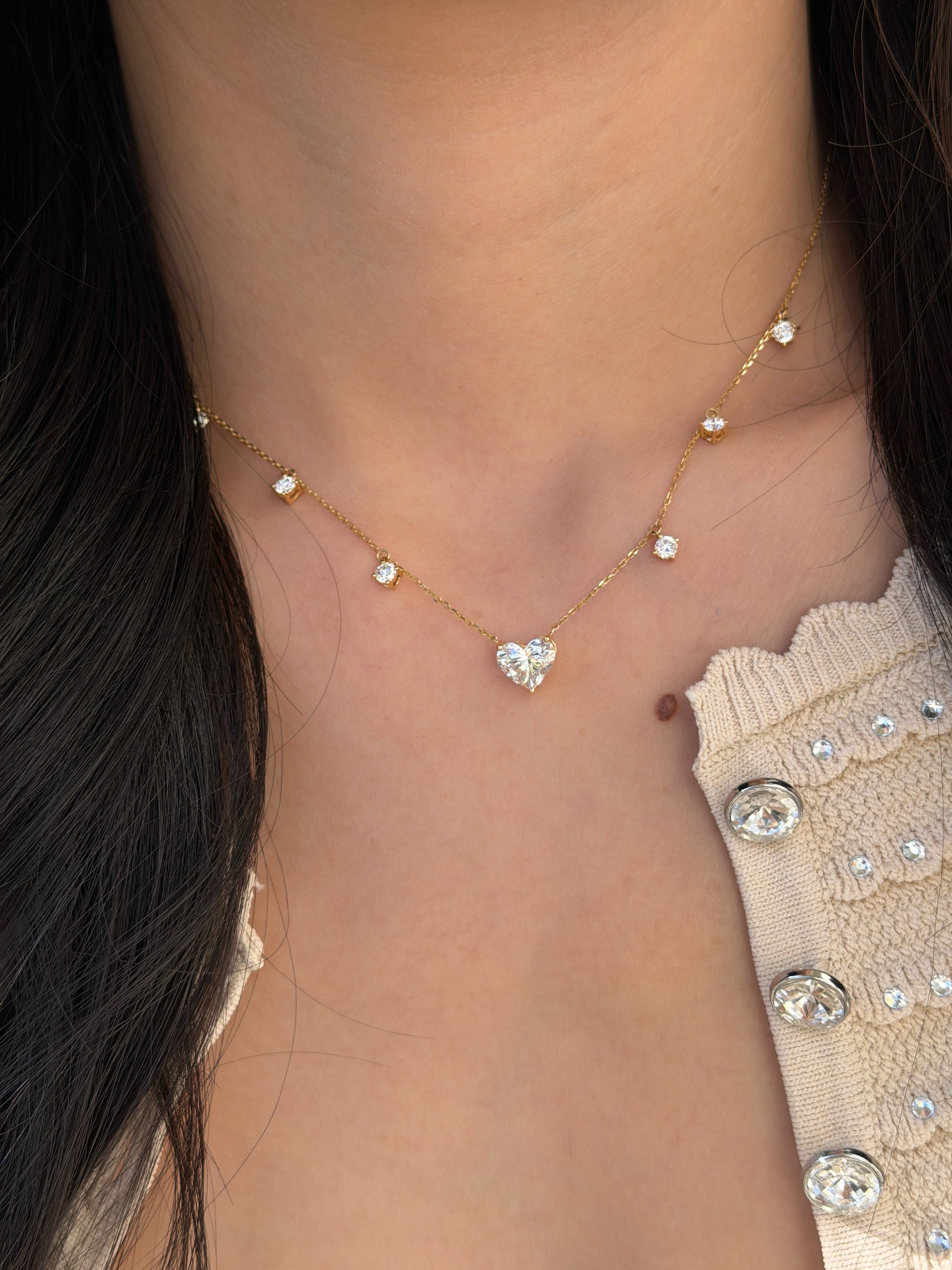 1.52ct Heart Diamond Station Necklace Fantasilvia Jewelry