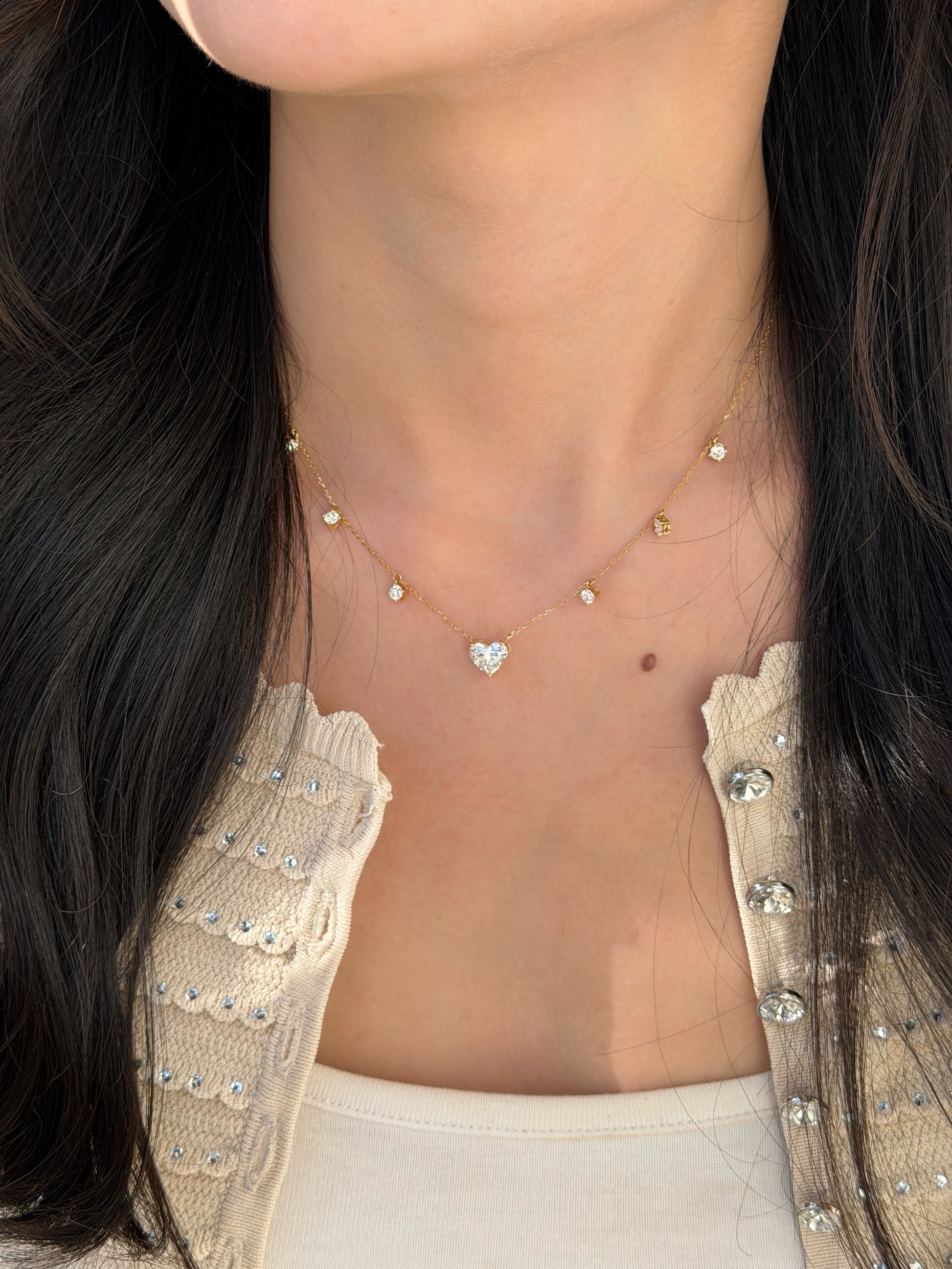 1.52ct Heart Diamond Station Necklace Fantasilvia Jewelry