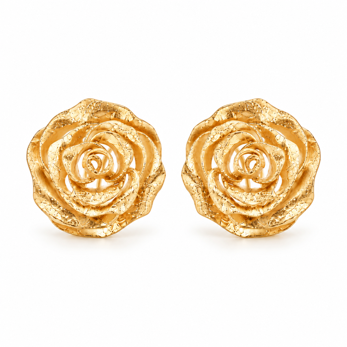 Rosa Fiorita Italian silver stud earrings featuring sculptural blooming rose motifs with layered petals and a polished golden finish.