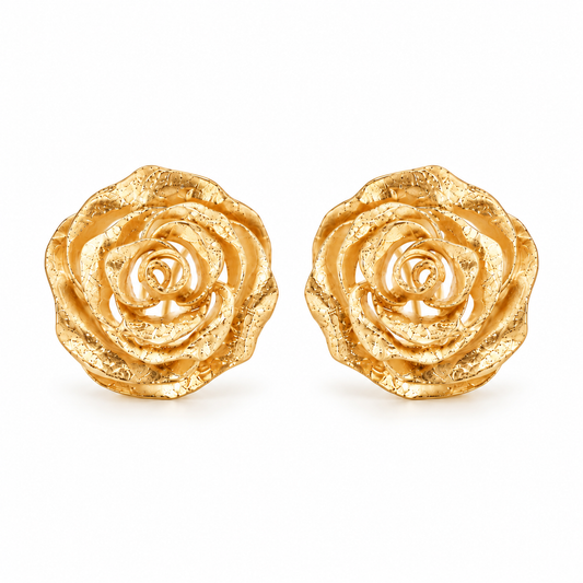 Rosa Fiorita Italian silver stud earrings featuring sculptural blooming rose motifs with layered petals and a polished golden finish.
