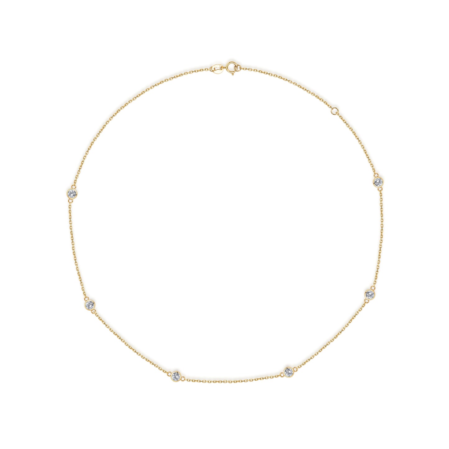 Delicate 18K yellow gold necklace featuring evenly spaced natural diamond stations along a fine gold chain. A timeless and minimalist design perfect for everyday wear or layering.