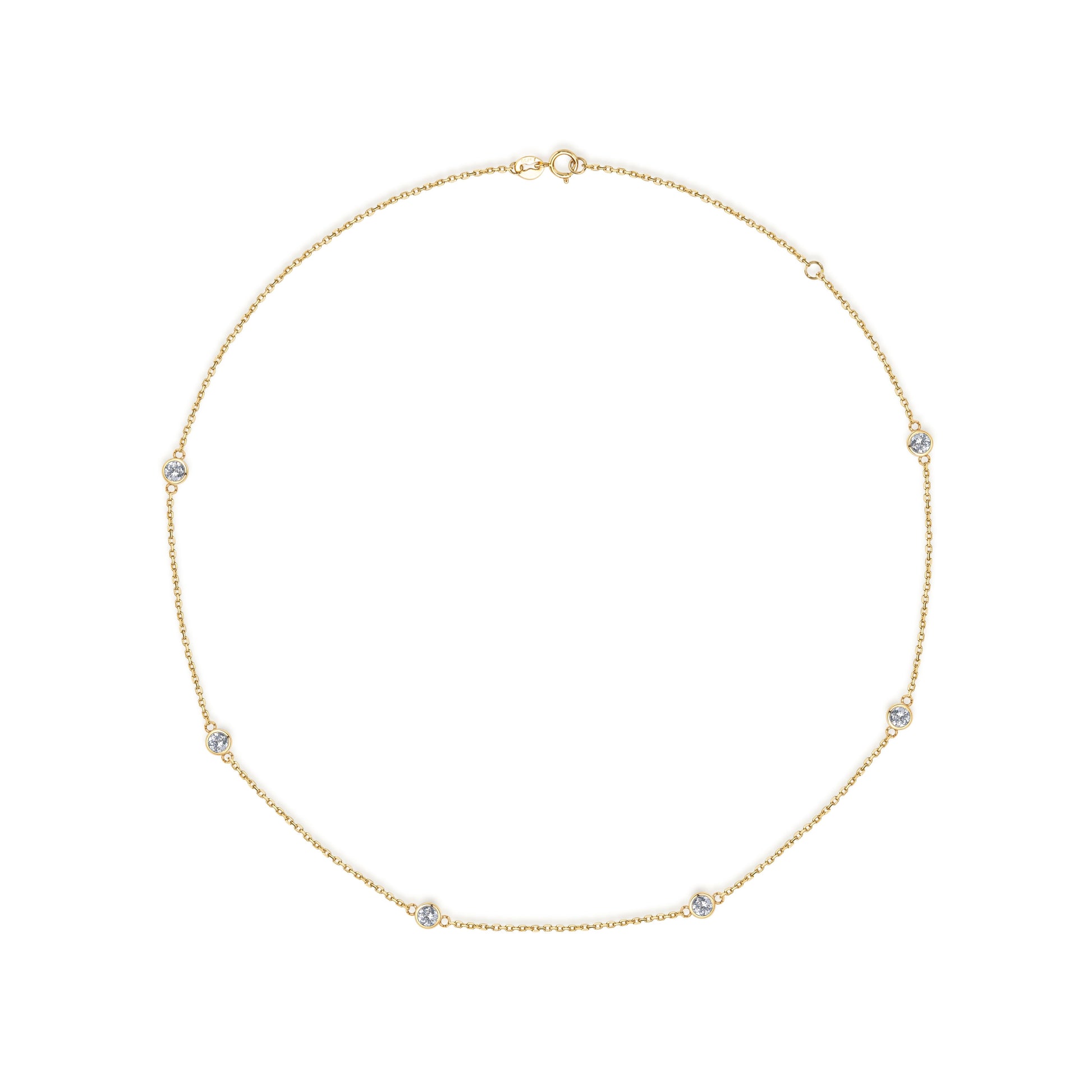 Delicate 18K yellow gold necklace featuring evenly spaced natural diamond stations along a fine gold chain. A timeless and minimalist design perfect for everyday wear or layering.