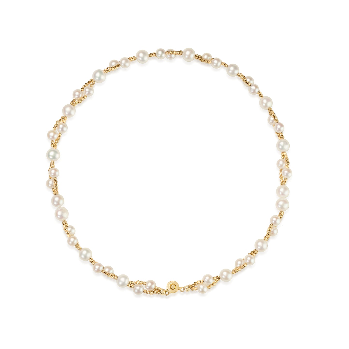 Elegant freshwater pearl necklace crafted with 18K yellow gold accents. The delicate pearl and gold bead design creates a timeless piece perfect for everyday wear or layering.