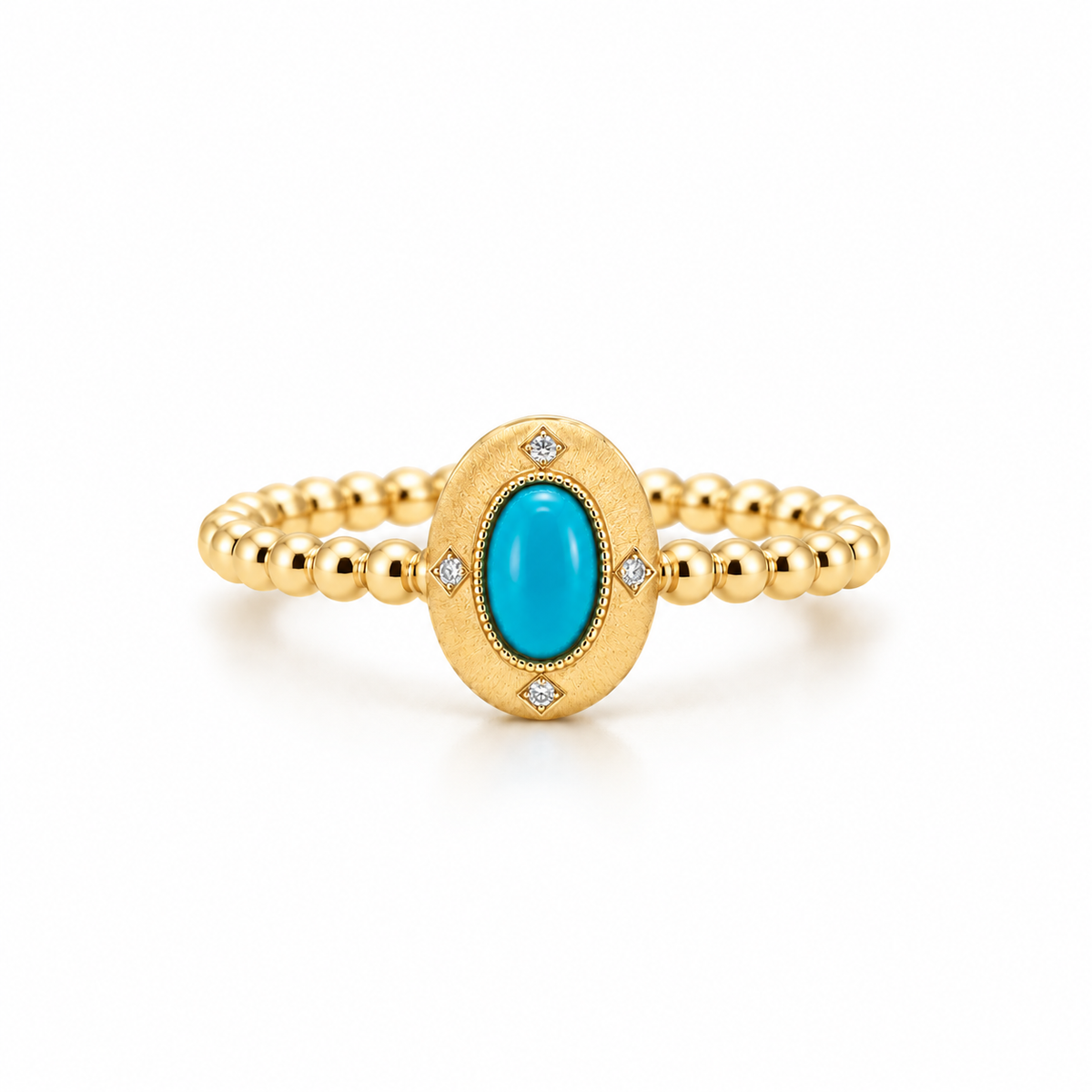 18K yellow gold ring with oval natural turquoise cabochon and natural white diamond accents, by Fantasilvia Fine Jewelry.