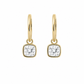 A pair of modern 18K yellow gold fine jewelry huggie hoop earrings, each featuring a dangling 1-carat cushion-cut lab-grown diamond center stone secured in a smooth bezel setting, isolated against a solid white background.