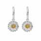Italian handcrafted 925 sterling silver huggie hoop drop earrings with dangling two-tone daisy flower charms featuring 18K gold plated centers.