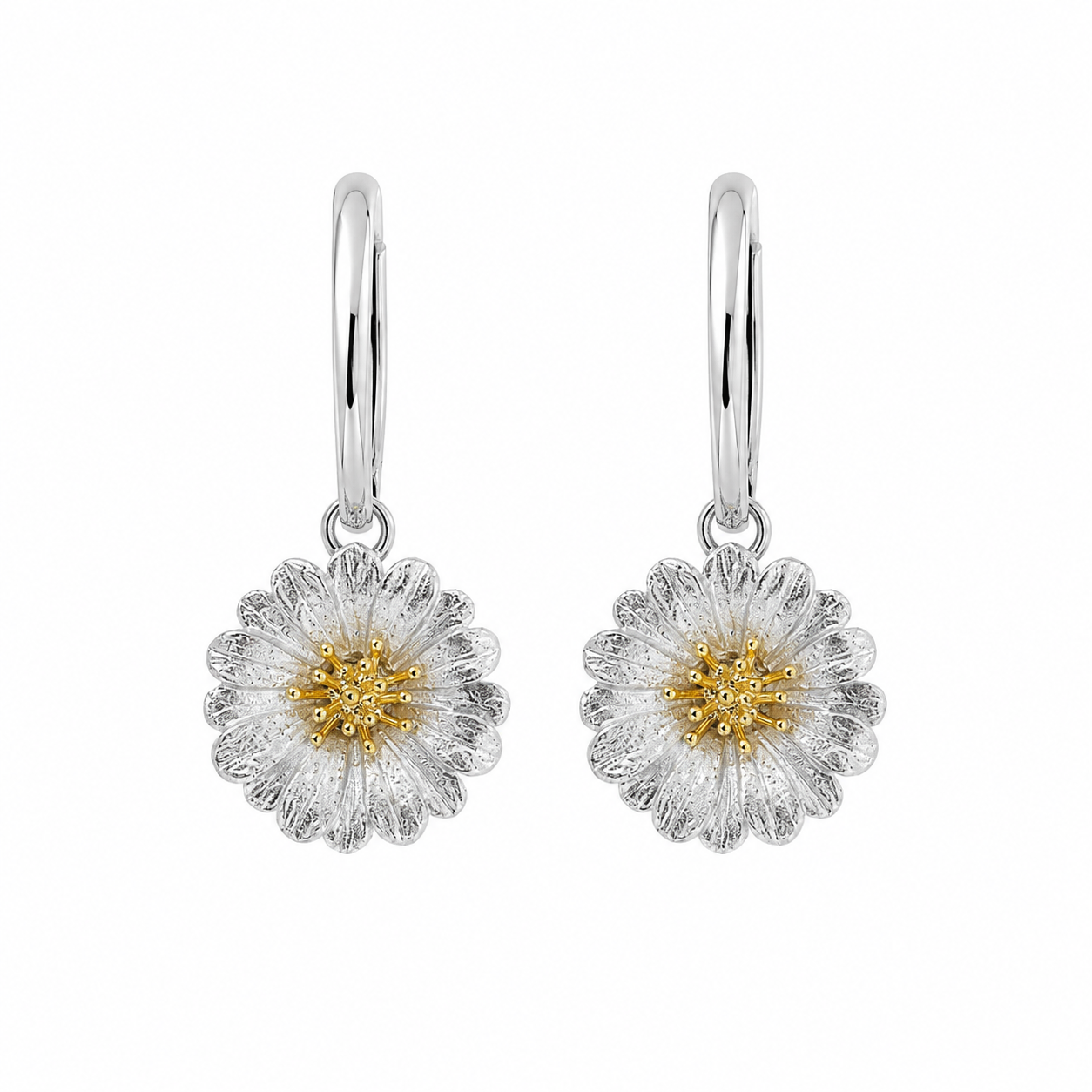 Italian handcrafted 925 sterling silver huggie hoop drop earrings with dangling two-tone daisy flower charms featuring 18K gold plated centers.