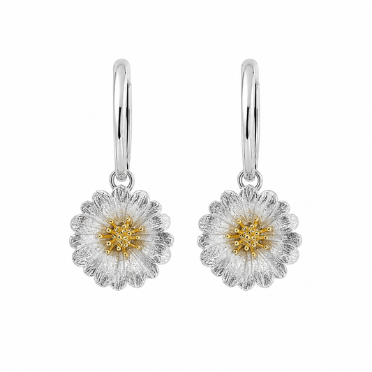 Italian handcrafted 925 sterling silver huggie hoop drop earrings with dangling two-tone daisy flower charms featuring 18K gold plated centers.