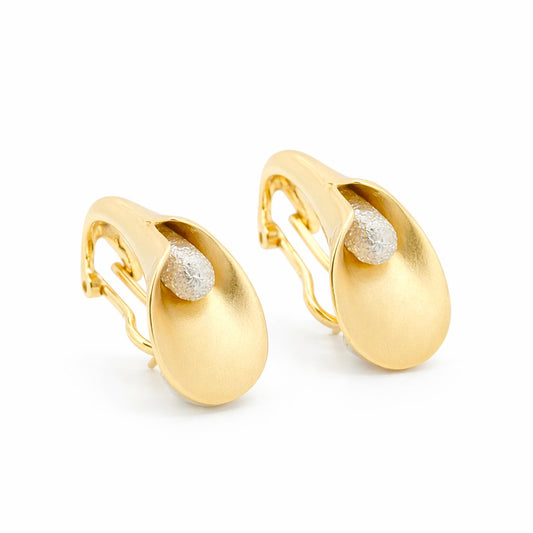 Sculptural gold vermeil calla lily earrings with a brushed finish and textured silver center, matching ring available - The Pure Grac