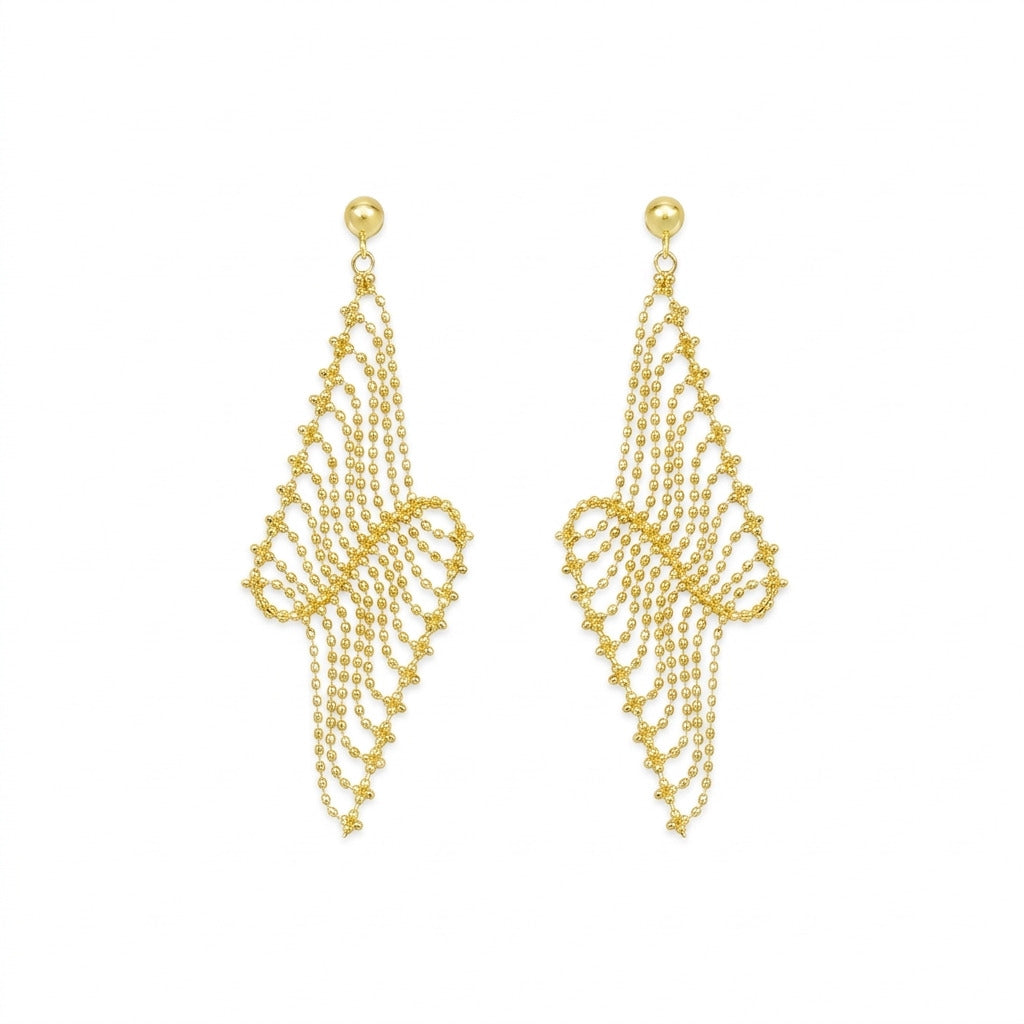 Gold vermeil chandelier statement earrings featuring cascading beaded chains designed like Italian lace.