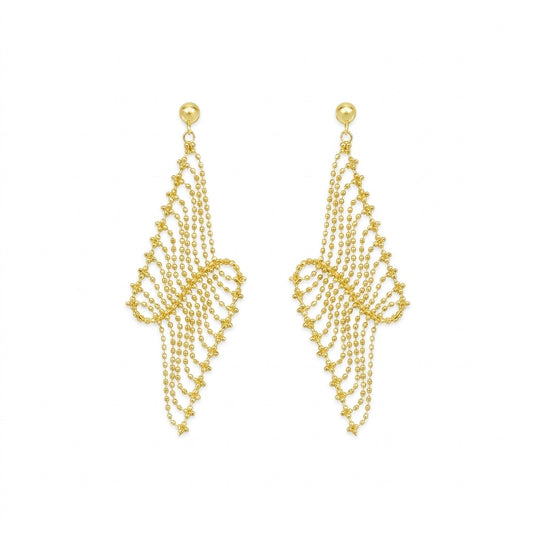 Gold vermeil chandelier statement earrings featuring cascading beaded chains designed like Italian lace.