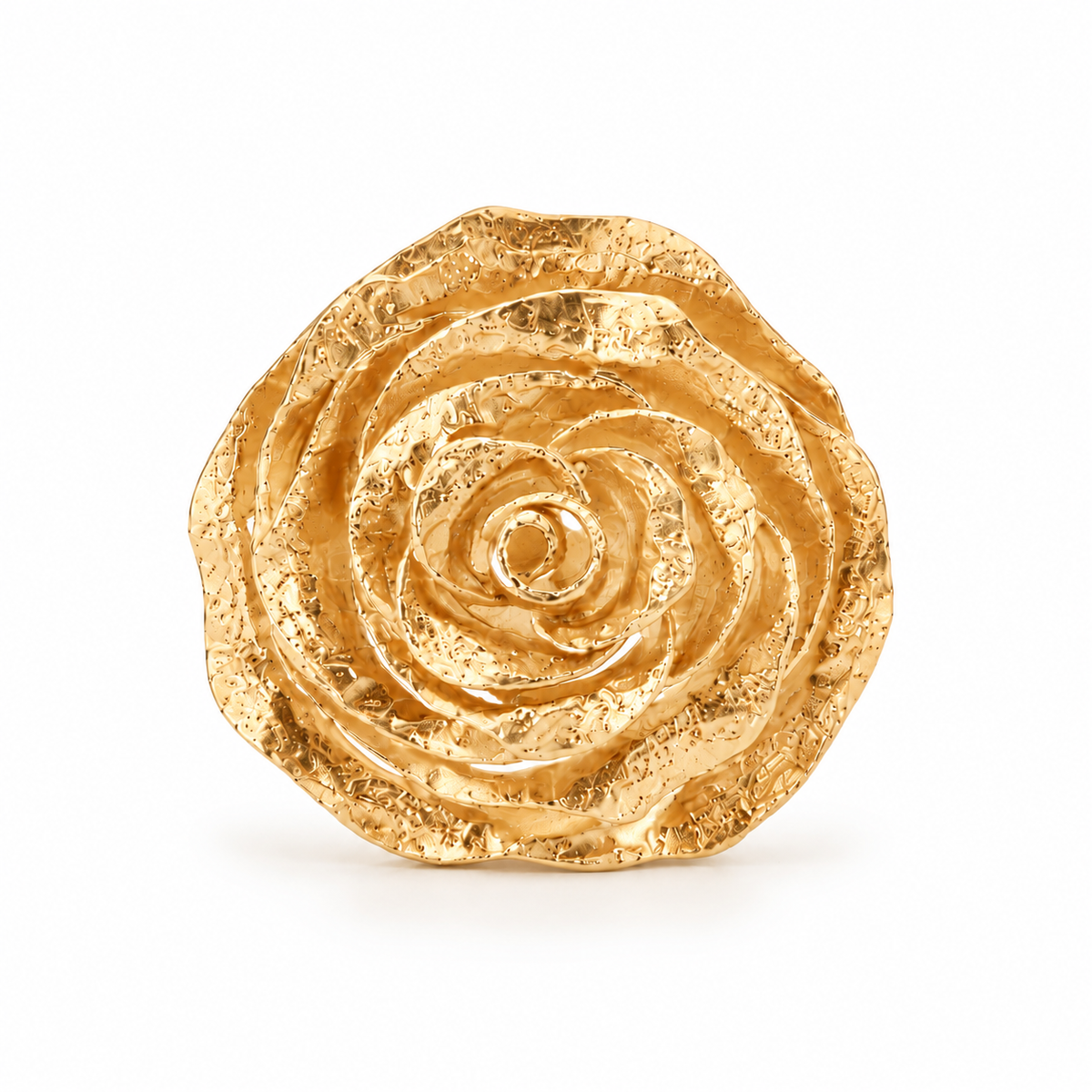 Front view of a gold vermeil statement ring featuring an intricately textured, three-dimensional sculpted rose in full bloom.