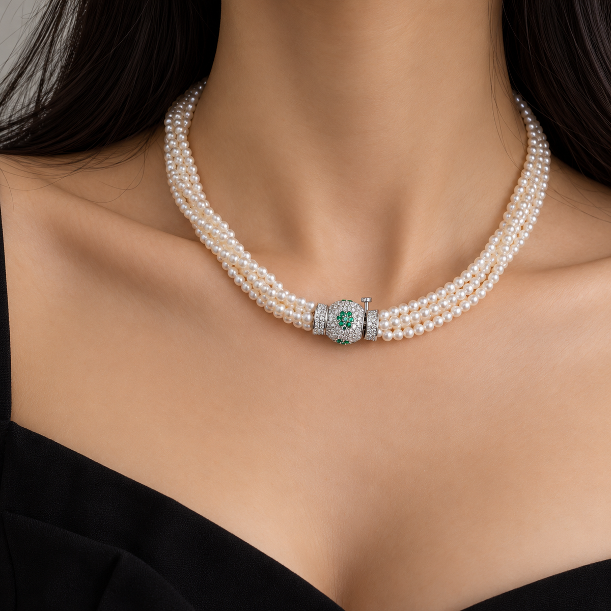 Multi-strand necklace featuring small natural white pearls with a decorative silver clasp accented by sparkling green stones, creating an elegant layered pearl design.