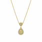 Studio shot of a luxurious 18K gold necklace featuring a ~0.31ct pear-shaped natural yellow diamond pendant with a double halo of colorless and yellow diamonds.