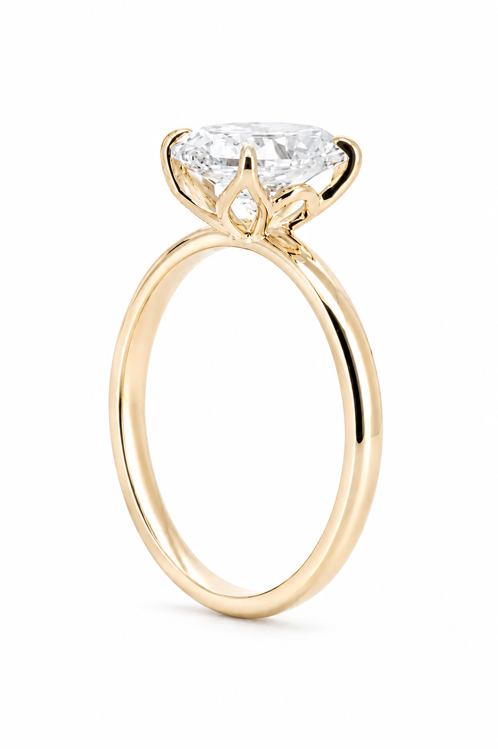 Angled profile view highlighting the 18K yellow gold floral tulip basket setting holding a 2.01ct oval lab-created diamond.