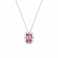 Studio shot of a 2.30 carat emerald-cut natural Afghan pink tourmaline pendant necklace, featuring a modern geometric 18K white gold setting suspended on a delicate sparkle chain.