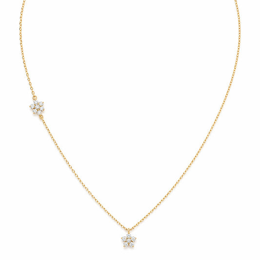 18K yellow gold necklace featuring two asymmetrical diamond-set flower charms on a fine cable chain with an adjustable spring-ring closure.