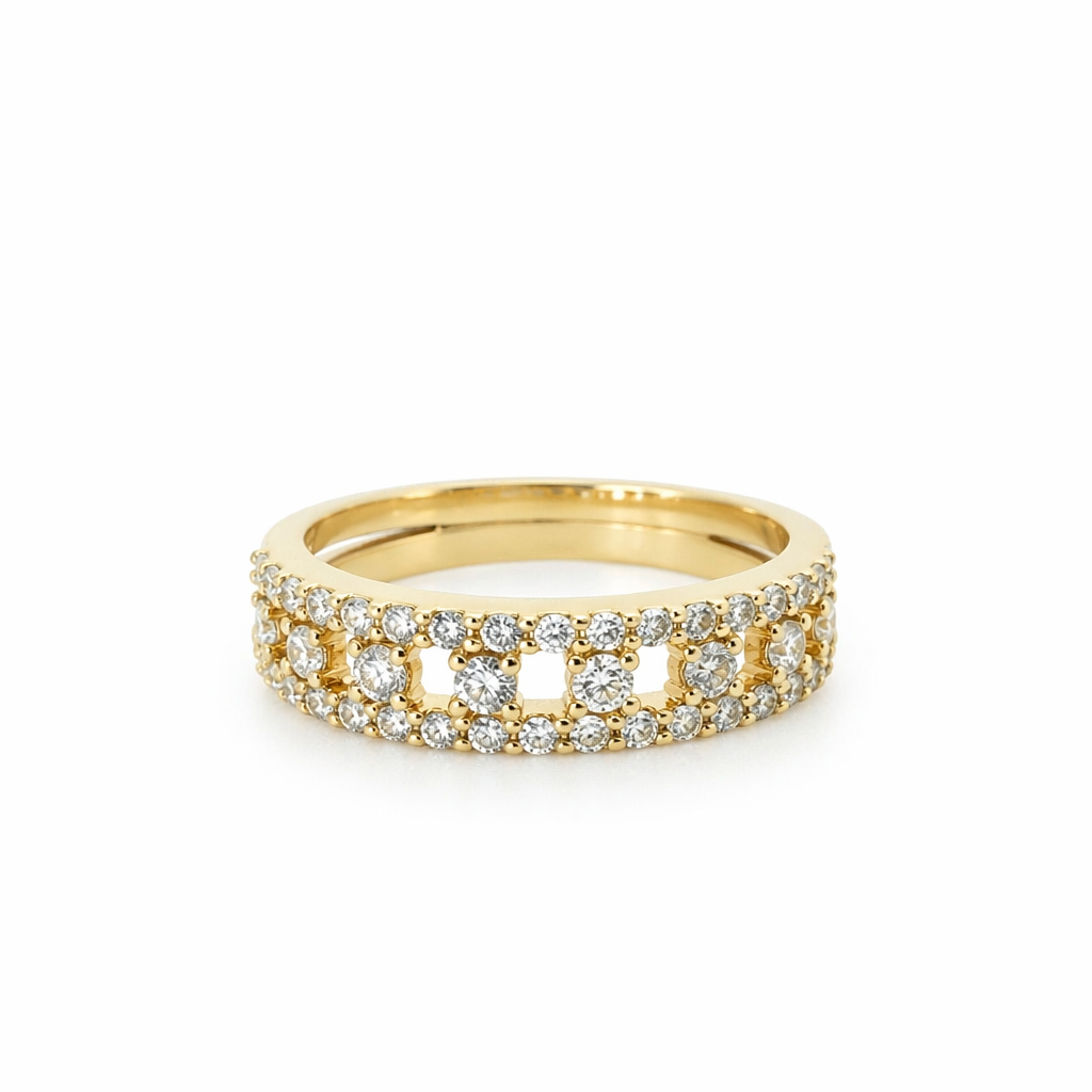 Architectural 18K yellow gold ring featuring two pavé diamond bands connected by larger brilliant-cut diamond steps.
