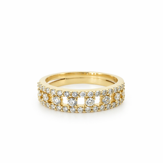 Architectural 18K yellow gold ring featuring two pavé diamond bands connected by larger brilliant-cut diamond steps.