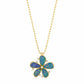 Large floral pendant featuring five natural blue-green opals set in 18K yellow gold with diamond accents on a gold ball chain.