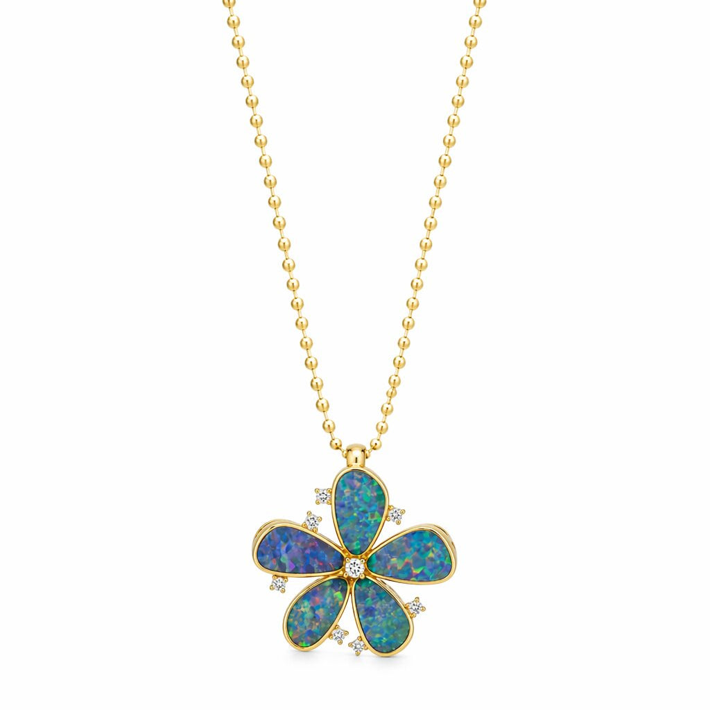 Large floral pendant featuring five natural blue-green opals set in 18K yellow gold with diamond accents on a gold ball chain.