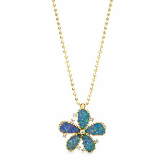 Large floral pendant featuring five natural blue-green opals set in 18K yellow gold with diamond accents on a gold ball chain.