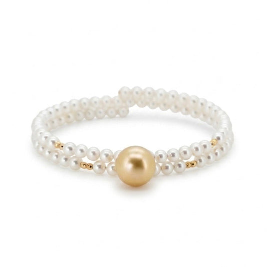 Double-Strand Akoya Pearl Wrap Bracelet with Golden South Sea Pearl Center Fantasilvia Jewelry