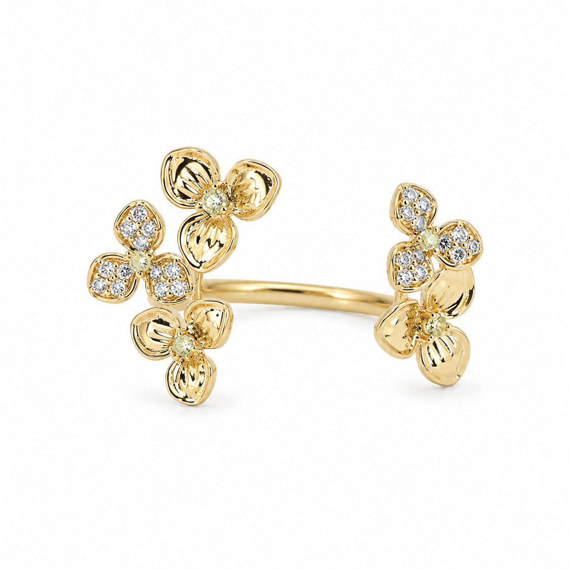 18K yellow gold open wrap ring by Fantasilvia featuring five sculpted gold flowers with diamond pavé petals and yellow gemstone centers on a white background.