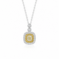 A 0.25ct natural yellow diamond pendant featuring a yellow and white diamond double halo, with two round diamond accents on the bail, suspended elegantly on an 18K white gold sparkle chain.
