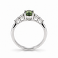 Side view of 14K white gold natural teal sapphire and diamond five-stone ring, by Fantasilvia Fine Jewelry.