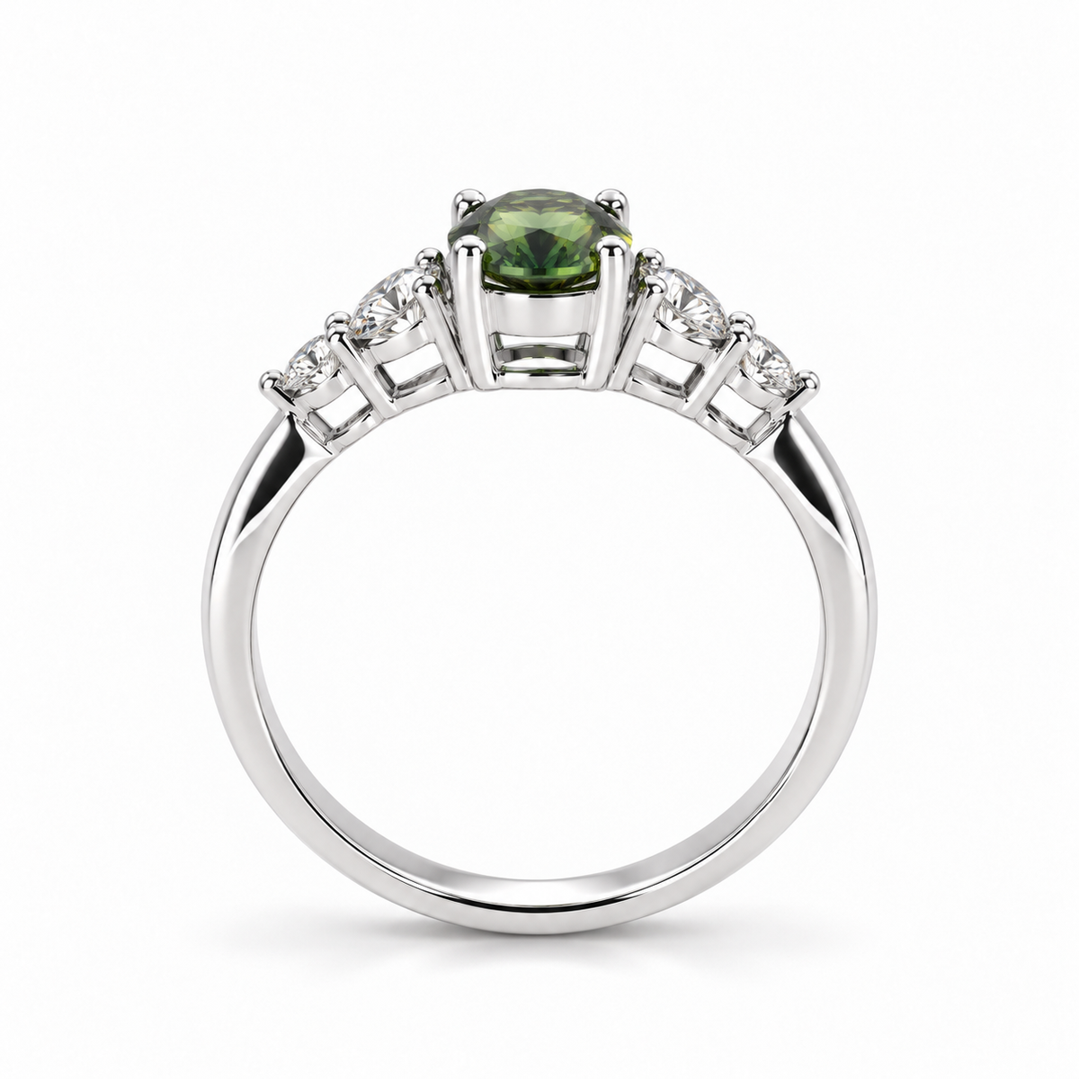 Side view of 14K white gold natural teal sapphire and diamond five-stone ring, by Fantasilvia Fine Jewelry.