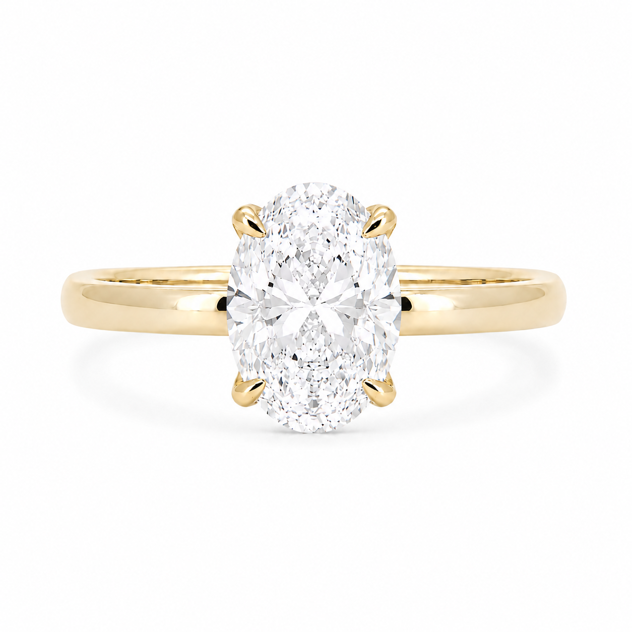 Top-down view of a 2.01 carat oval lab-grown diamond engagement ring set on a polished 18K yellow gold band.