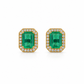 Front-facing view of a pair of 14K gold emerald and lab diamond halo stud earrings.