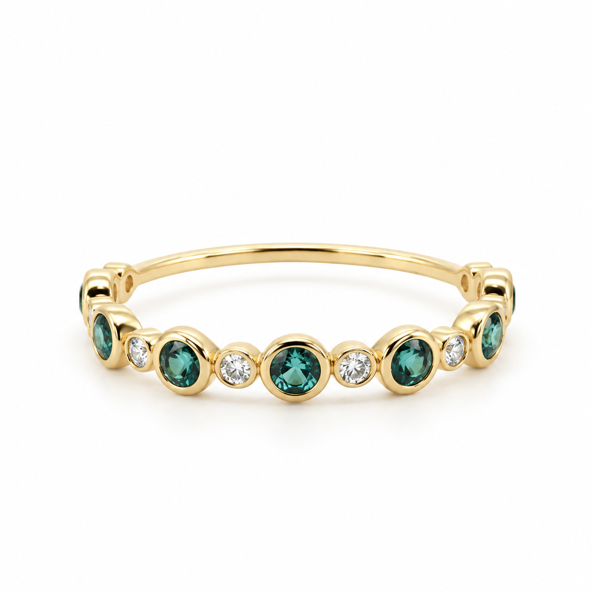 Front view of a 14K yellow gold bubble band featuring alternating bezel-set natural green tourmalines and lab-grown diamonds in a scalloped pattern.