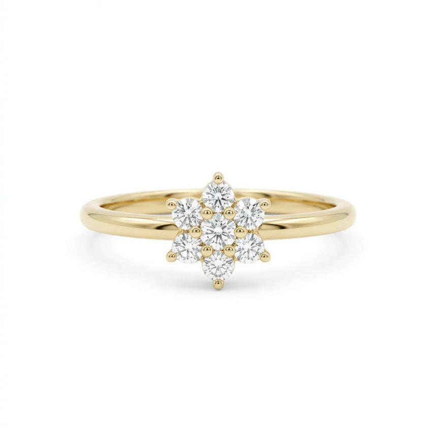 18K yellow gold dainty ring with a sunburst cluster of seven round diamonds - Pocket Sun Diamond Ring.