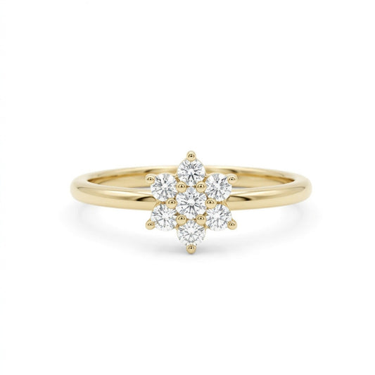 18K yellow gold dainty ring with a sunburst cluster of seven round diamonds - Pocket Sun Diamond Ring.