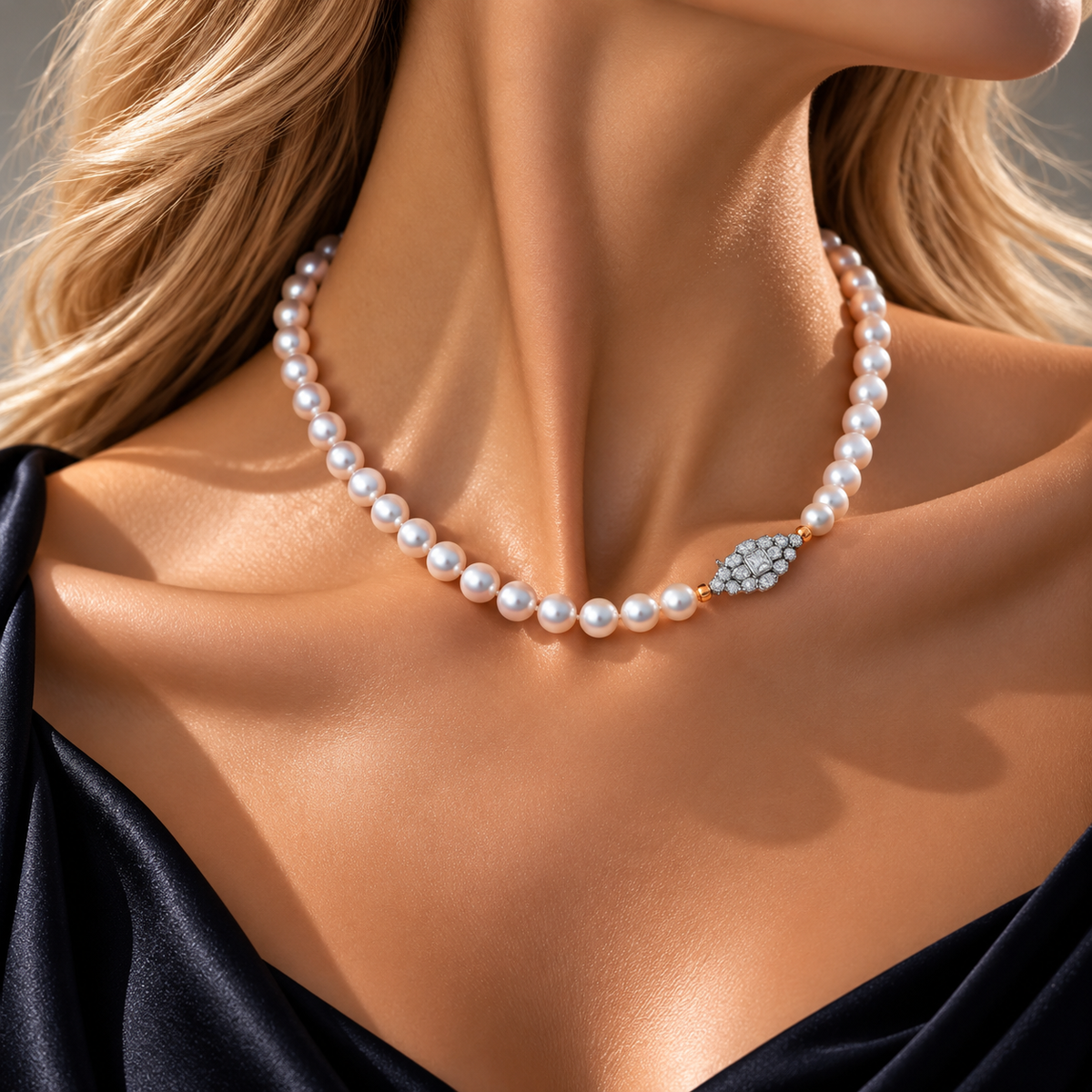 Tennyo-grade Japanese Akoya pearl necklace featuring perfectly matched 8–8.5 mm pearls with exceptional aurora-like luster and soft rosy overtones, finished with an elegant diamond-accented clasp.