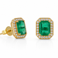 Angled studio shot of a 14K gold stud earring featuring a rectangular emerald surrounded by a lab diamond halo on a white background.