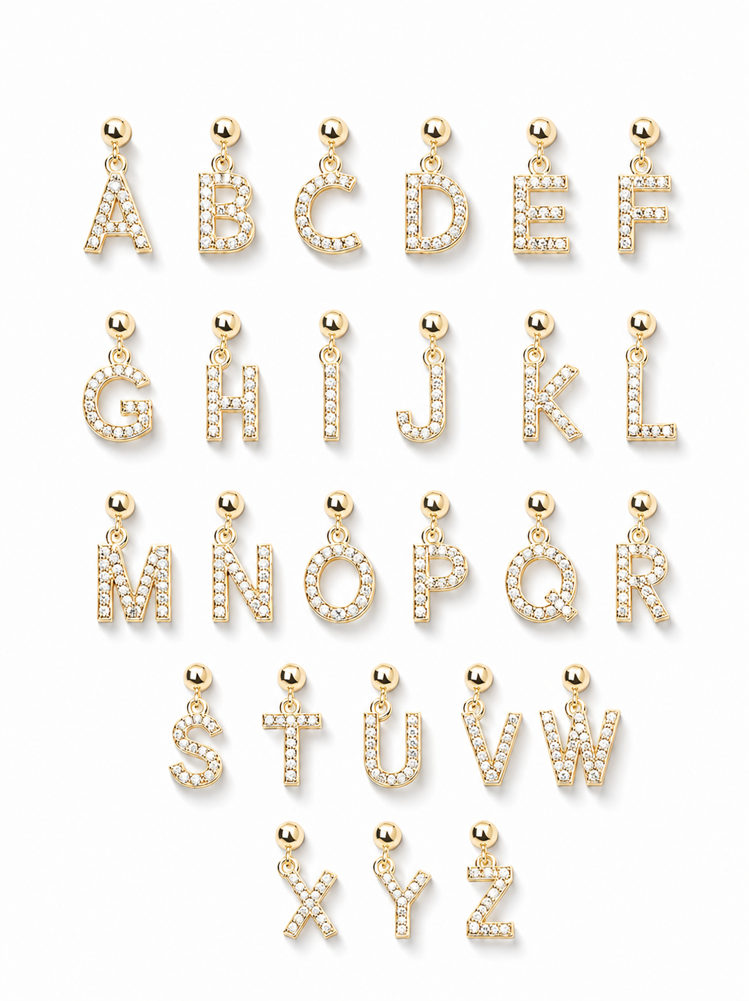 Complete A to Z alphabet of detachable initial charms crafted in 14K solid gold and pave-set lab-grown diamonds.