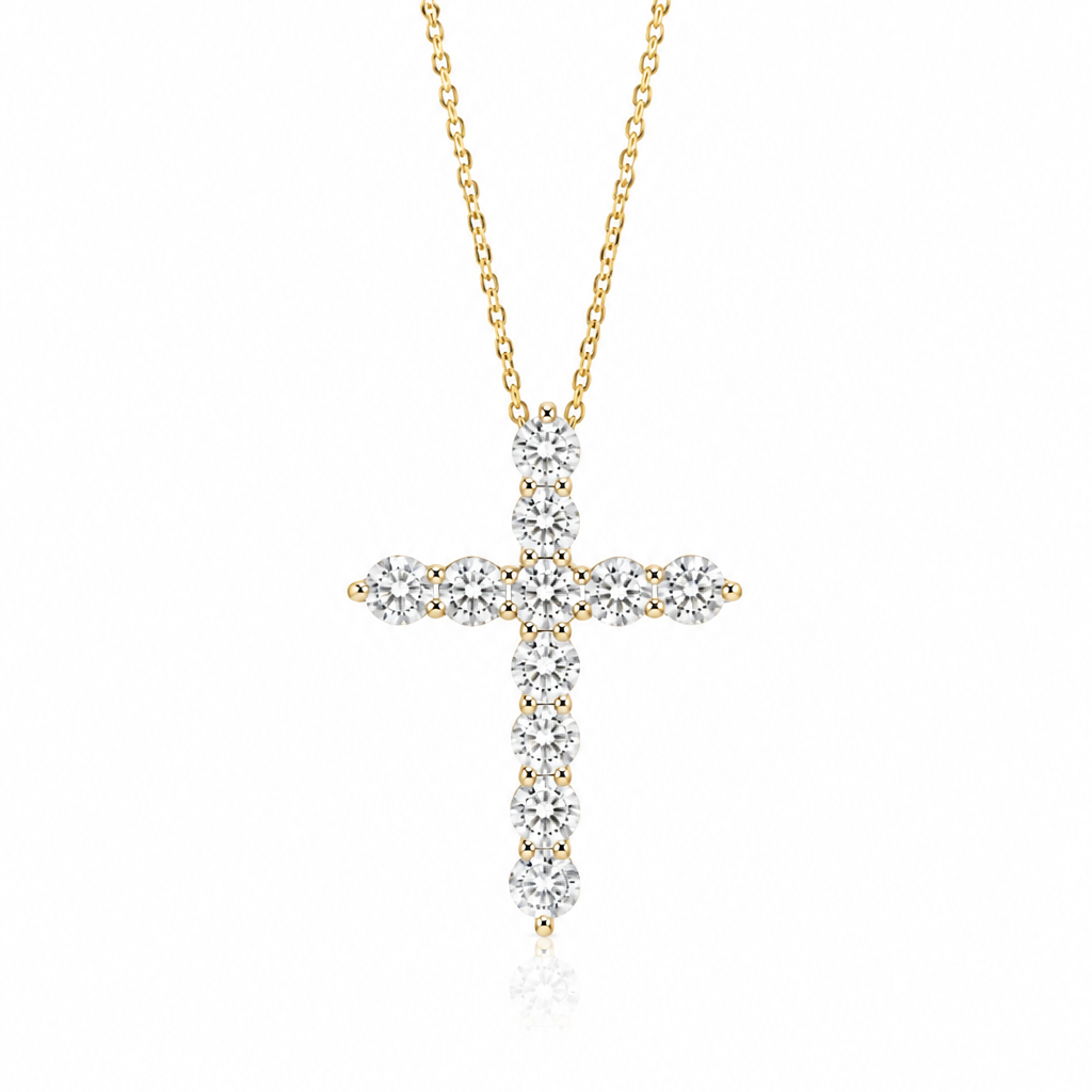 18K gold necklace featuring a classic cross pendant composed of round brilliant-cut natural diamonds, totaling 1 carat, suspended on a delicate chain against a white background.