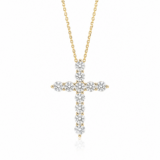 18K gold necklace featuring a classic cross pendant composed of round brilliant-cut natural diamonds, totaling 1 carat, suspended on a delicate chain against a white background.
